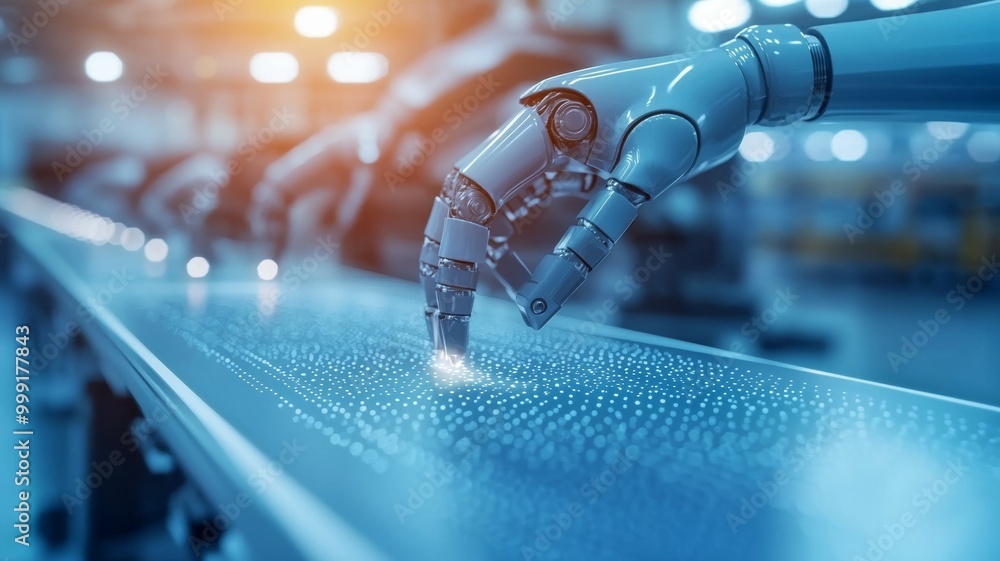 Poster a robot arm is touching a screen with a blue background