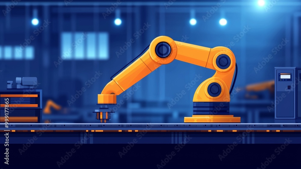Poster a robot is in a factory with a blue background