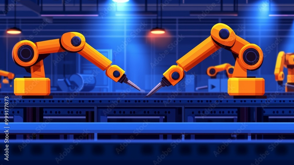 Poster two robots are working together in a factory