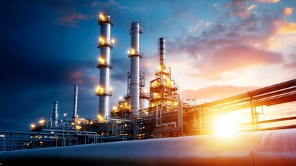 A large industrial plant with a sunset in the background