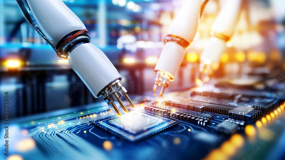 Poster two robotic arms are working on a computer chip