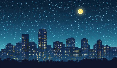 a City Skyline at Night with Stars and Moon, Urban Glow Against Dark Blue Background 