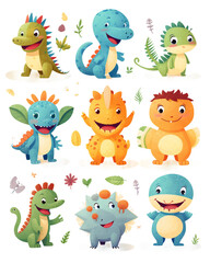 Fototapeta premium A set of cartoon dinosaurs with different colors and expressions
