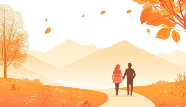 ouple Walking Along a Path to the Mountain Top in Autumn,  with Falling Leaves