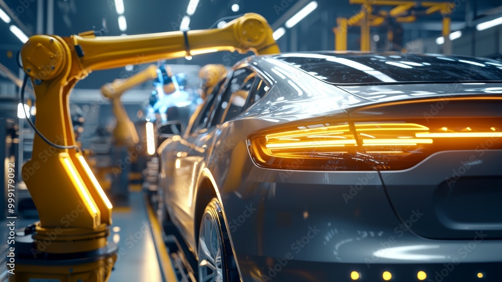 Poster a car is being built in a factory with a robotic arm