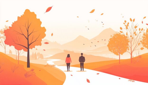 ouple Walking Along a Path to the Mountain Top in Autumn,  with Falling Leaves
