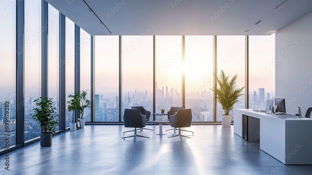 Wall mural Modern Office with Skyline View at Sunset