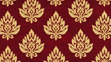 Seamless pattern with golden floral design on a burgundy textured background.