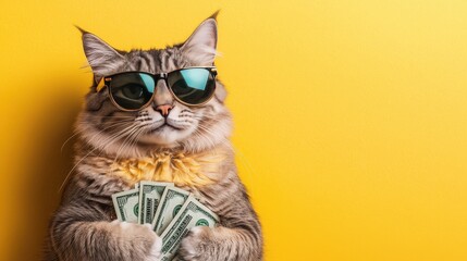 Cool Cat in Sunglasses Holding Cash  Yellow Background