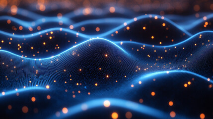 abstract dark blue digital background, illuminated by subtle sparkling lights and intricate patterns, evokes a sense of futuristic energy and mystery. Ideal for themes of technology, innovation, and c