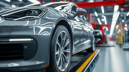 A silver car is on a conveyor belt in a factory