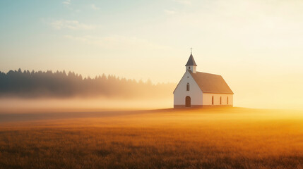 Dawn serene meadow unfolds beneath the sky, where mist gently blankets grass, framing church building embodies beauty of nature, spirit Christianity as sunrise casts a warm glow over landscape.