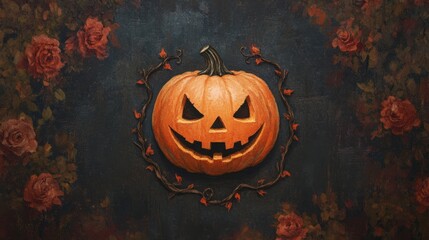 A carved jack-o'-lantern with a sinister grin surrounded by a vine of autumn leaves on a dark background with a pattern of red roses.