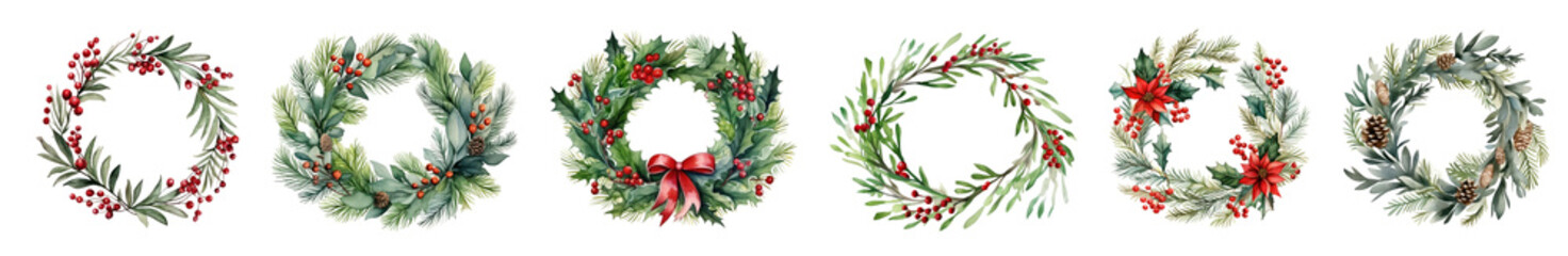 Fototapeta premium Cute watercolor Christmas wreath png cut out element set