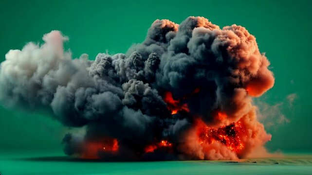 intense scene of an explosion with fire and billowing smoke, designed for high impact visual effects on a flat green screen.