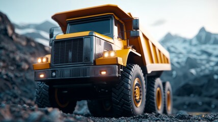 A yellow dump truck is driving down a rocky mountain road
