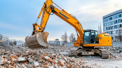 A large yellow excavator is digging into a pile of rubble