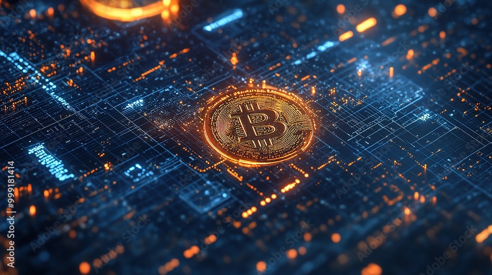 Poster digital bitcoin coin on technology background