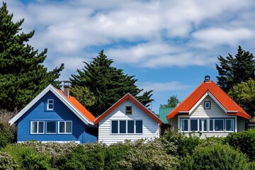 Colorful Scandinavian-style houses with red roofs in a forested setting