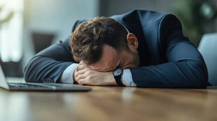 Fototapeta premium Exhausted businessman resting his head on desk, showcasing stress of demanding work environment. scene captures emotional toll of professional life