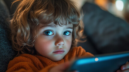 child with tired eyes is using tablet, showcasing moment of focus and curiosity. vibrant colors highlight childs expression and cozy environment