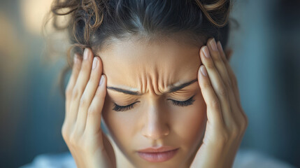 Obraz premium Close up of stressed office worker holding her head in pain, expressing frustration and discomfort. image captures emotional toll of work related stress