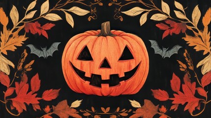 A smiling jack-o-lantern with bats and autumn leaves on a black background.