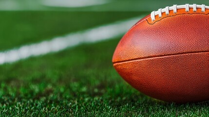 Obraz premium American Football Close Up on Green Field Game Day Sport Equipment Leather Ball