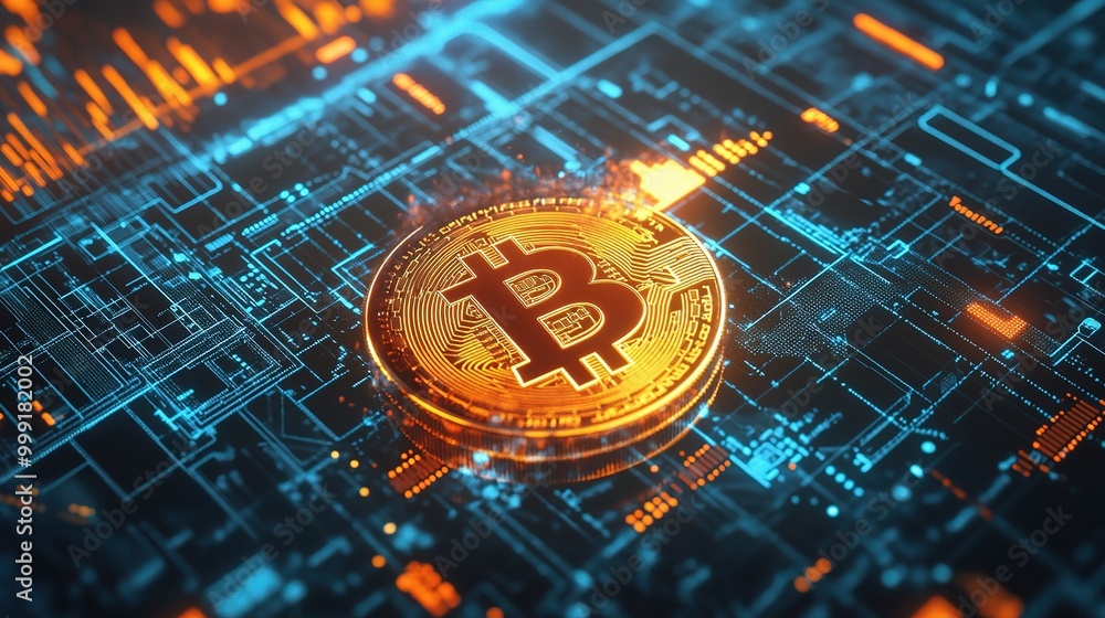 Poster glowing bitcoin coin on digital circuit background
