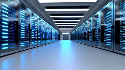 Fototapeta premium A long hallway with many computer servers