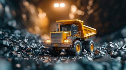 A yellow dump truck is sitting on a pile of rocks