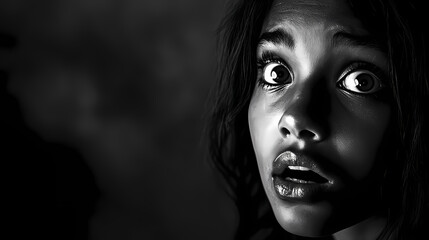 Fototapeta premium Expressive portrait of a tall brown-skin young latina woman with a surprised look - dark and moody monochrome photography gen ai. Chiaroscuro. Illustration