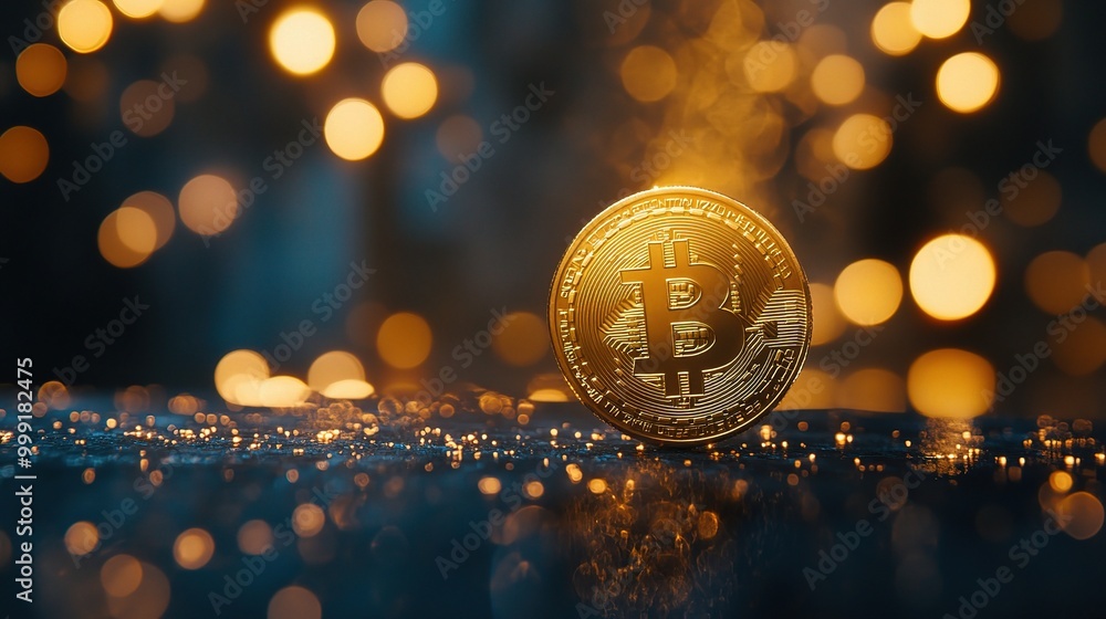 Poster bitcoin coin with glowing bokeh background