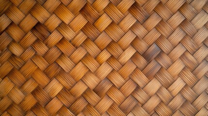 Close-up of a woven bamboo mat with a natural brown color.