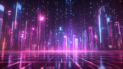 Fototapeta premium Futuristic cityscape with neon lights and a grid pattern, retro synthwave aesthetic. Retro Illustration