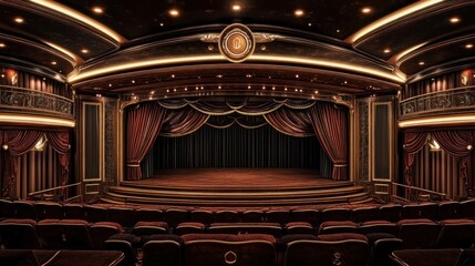 Elegant Theatre Stage with Red Curtains and Empty Seats