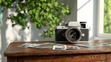 Vintage Camera on Wooden Desk with Photos and Natural Light