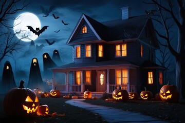 Haunted House Evening Vibes with Ghostly Shadows and Pumpkin Gathering