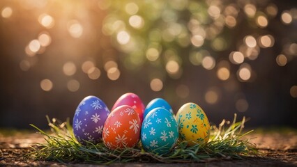 Colorful Easter eggs with grass and bokeh lights background