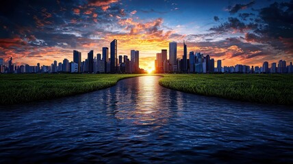 Harmony of Mind: Urban Intelligence and Natural Emotions - Contrasting Cityscape and Nature Landscape with Mathematical Symbols and Emotional Scenery, Copy Space Available