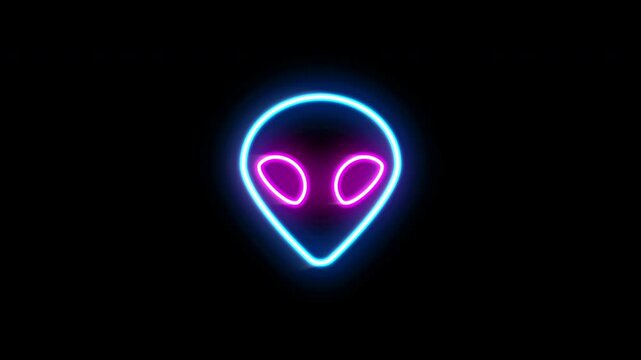 The blinking neon light of alien head icon in the black background.