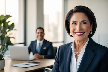 Fototapeta premium Elegant Hispanic Senior Professional in Soft-Focus Office Setting with Inviting Smile and Copy Space