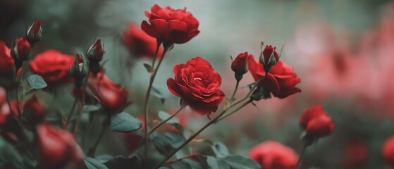 focus photo of red rose flowers against green background of nature