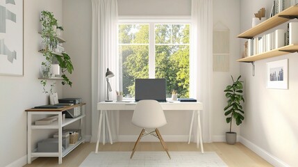 Fototapeta premium Modern Home Office with Natural Light and Greenery