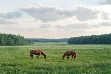 Obraz premium Horses grazing in a serene countryside field