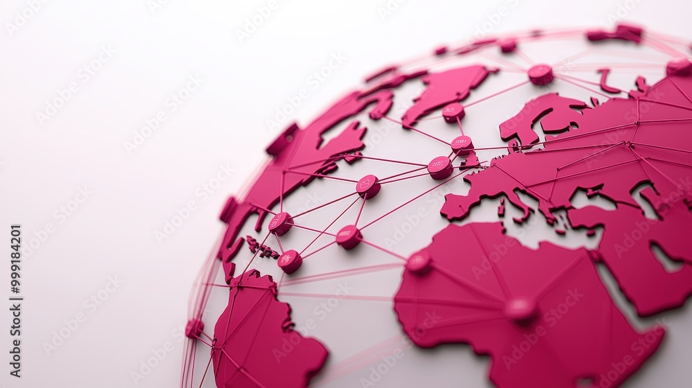 Poster global network connection pink earth map with interconnected nodes
