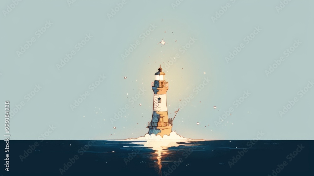 Poster lighthouse in the ocean with golden reflection and light emanating from the top