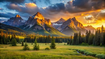 Obraz premium Serene Mountain Landscape transforms at dawn, as warm golden light pours over the meadow, casting long shadows across the valleys, and illuminating the majestic peaks