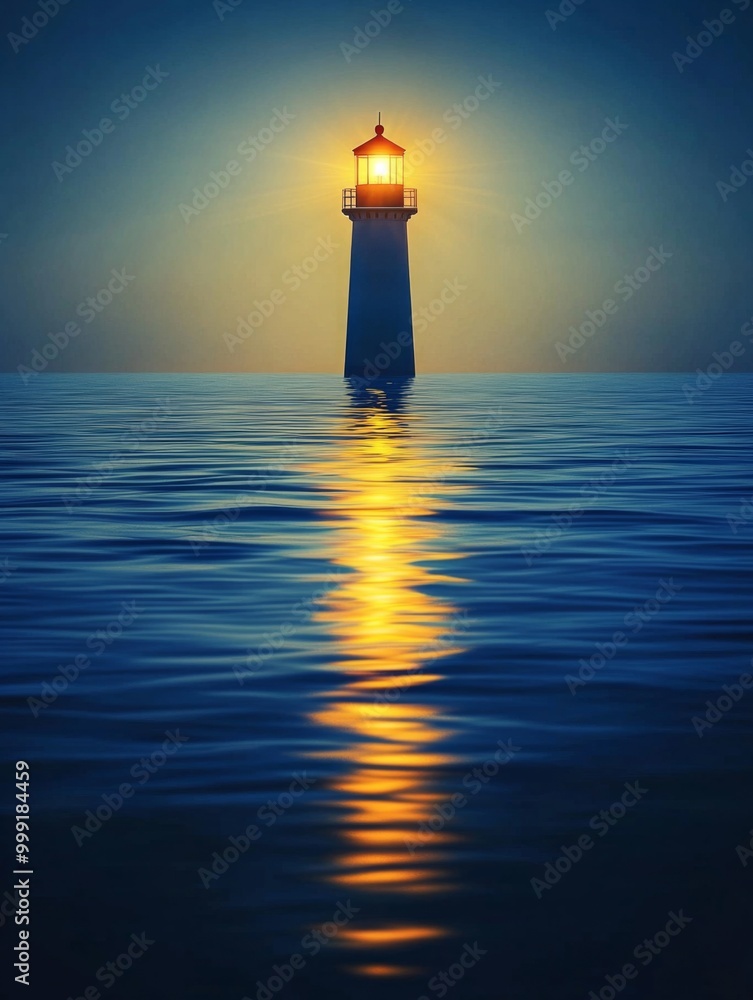 Poster lighthouse in the ocean with golden reflection and light emanating from the top
