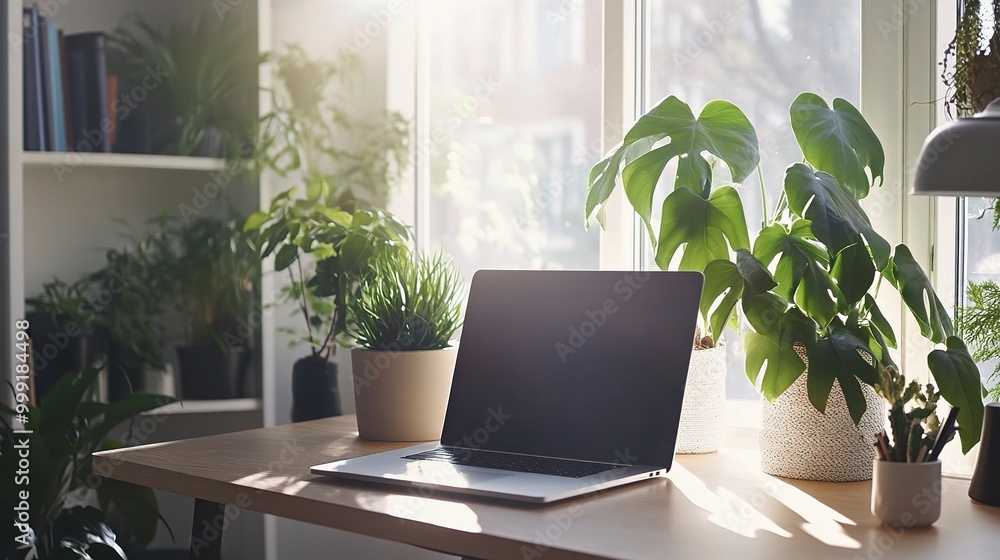 Sticker Bright Workspace with Plants and Laptop by Window